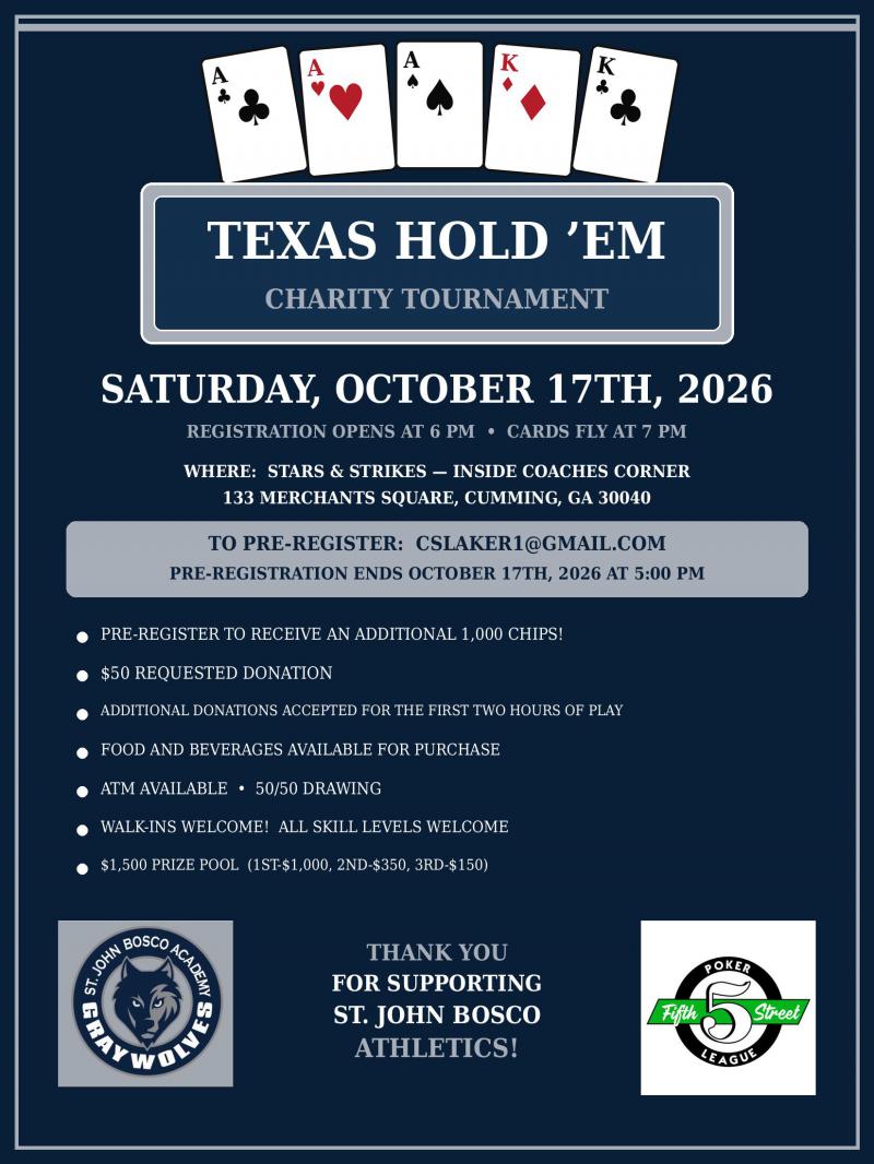 Texas Hold'em Charity Tournament Benefiting St. John Bosco Athletics - Stars and Strikes at 5thstreetpoker.com
